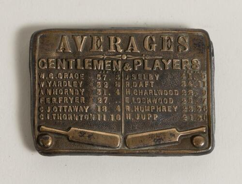 &lsquo;Averages. Gentlemen & Players&rsquo;. Oblong shaped brass belt buckle with title to top and two lists of the Gentlemen and the Players averages below. The Gentlemen players listed are W.G. Grace 57.3, W. Yardley 32.8, A.N. Hornby 31.4, F.E.R. Fryer 27, C.J.Ott