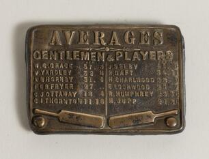 &lsquo;Averages. Gentlemen & Players&rsquo;. Oblong shaped brass belt buckle with title to top and two lists of the Gentlemen and the Players averages below. The Gentlemen players listed are W.G. Grace 57.3, W. Yardley 32.8, A.N. Hornby 31.4, F.E.R. Fryer 27, C.J.Ott