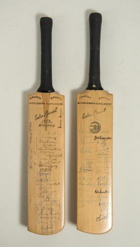 India tours to England 1952 and 1959. Two miniature replica &lsquo;Extra Special&rsquo; bats by G. Warsop & Sons, Marylebone, covering Test matches played at Lords. Both bats with maker&rsquo;s names to shoulders, and &lsquo;Warsop&rsquo; stamped to the top of the handle, each of whic