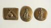 Cricket belt buckles. Three simple brass belt buckles decorated with crossed bats, ball and stumps to one, a batsman posed at the wicket with bat and ball and a further batsman leaning on his bat. One oblong 2.25&rdquo;x1.75&rdquo;, one circular, 2&rdquo; diameter and one 