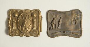 &lsquo;Our Game&rsquo;. Cricket belt buckle. Two oblong shaped brass belt buckles, one with crossed bats within an oval to centre, balls sets of stumps and beaded border with title to base of the stumps &lsquo;Our Game&rsquo;. Modern wire fixing soldered to back otherwise in goo