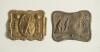 &lsquo;Our Game&rsquo;. Cricket belt buckle. Two oblong shaped brass belt buckles, one with crossed bats within an oval to centre, balls sets of stumps and beaded border with title to base of the stumps &lsquo;Our Game&rsquo;. Modern wire fixing soldered to back otherwise in goo