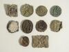 Cricket belt buckles. A selection of buckles, all with faults, and some metal band brass motifs used to decorate and enhance belt buckles. The buckles include a circular buckle with batsman at the wicket, a batsman with bat under his arm, a batsman playin - 2