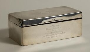 Roy Kilner. Yorkshire, Europeans & England 1911-1927. Impressive hallmarked silver cigarette box with machine tooled decoration to the box lid. Inscription to front &lsquo;To Roy Kilner from Rowntree & Co Ltd, York to commemorate Australia Tour 1924-25&rsquo;. The wo
