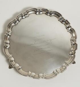 Roy Kilner. Yorkshire, Europeans & England 1911-1927. Large and impressive hallmarked silver salver with hoof style feet. Inscription to centre read &lsquo;To Roy Kilner Yorkshire XI. A token of Sheffield&rsquo;s esteem of his sterling cricket for England in Australi