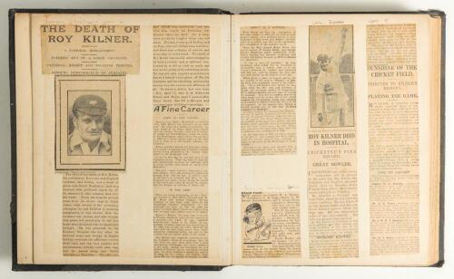 Roy Kilner. Yorkshire, Europeans & England 1911-1927. Large black album recording the press reaction of Roy Kilner&rsquo;s death. The well presented album has cuttings, reports and articles following his death on April 5th 1928. The press cuttings are taken fro