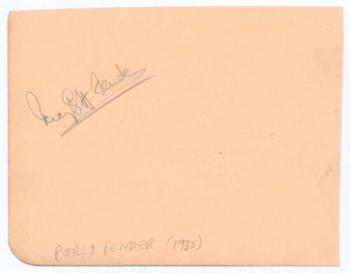Percy George Herbert Fender. Sussex, Surrey & England 1910-1936. Three items from the Percy Fender collection including a nice signature of Fender in pencil to album page, date annotated &lsquo;1935&rsquo;. Also two ties, one a promotional World Cup tie for the first