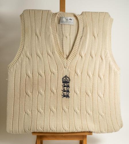 Andrew Richard Caddick. Somerset & England 1991-2009. England sleeveless Test sweater worn by Caddick in the England v Australia &lsquo;Ashes&rsquo; series played in England of the summer of 1997. The white sweater, by &lsquo;&rsquo;Kent & Curwen&rsquo;, with navy blue emblem of the t