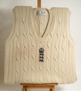 Andrew Richard Caddick. Somerset & England 1991-2009. England sleeveless Test sweater worn by Caddick in the England v Australia &lsquo;Ashes&rsquo; series played in England of the summer of 1997. The white sweater, by &lsquo;&rsquo;Kent & Curwen&rsquo;, with navy blue emblem of the t