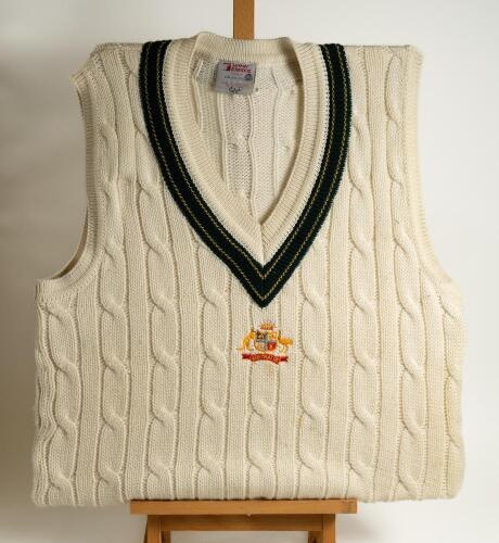 Glenn McGrath. New South Wales & Australia 1992-2008. Australian sleeveless Test sweater worn by McGrath in the England v Australia &lsquo;Ashes&rsquo; series played in England of the summer of 1997. The white sweater, by &rsquo;Silver Fleece of Australia&rsquo;, with Australian
