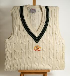 Glenn McGrath. New South Wales & Australia 1992-2008. Australian sleeveless Test sweater worn by McGrath in the England v Australia &lsquo;Ashes&rsquo; series played in England of the summer of 1997. The white sweater, by &rsquo;Silver Fleece of Australia&rsquo;, with Australian