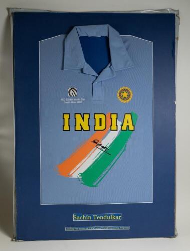 Sachin Ramesh Tendulkar. Bombay/ Mumbai, Yorkshire & India 1988-2014. Indian replica blue ICC World Cup shirt South Africa 2003 with Indian emblem and World Cup logo to chest. &lsquo;INDIA&rsquo; to centre. Signed by Tendulkar to chest. The shirt was signed by Tendul
