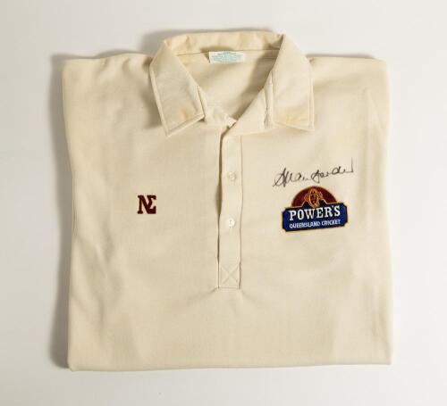 Allan Border, New South Wales, Gloucestershire, Queensland, Essex & Australia 1976-1996. Queensland white short sleeved cricket shirt worn by Border during his playing career. The shirt, by Nemesis of Queensland, with Queensland &lsquo;Power&rsquo;s (Carlton Brewery 