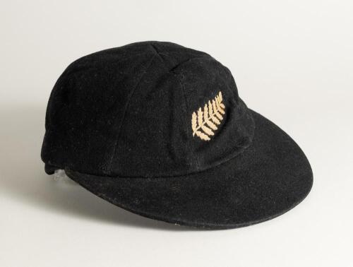 Harry Butler Cave. Wellington, Central Districts and New Zealand 1945 to 1959. New Zealand black cloth Test cap, by Ballantyres of Timaru, Wellington, with embroidered &lsquo;silver fern&rsquo; emblem of New Zealand to cap. Name to label &lsquo;H.B. Cave&rsquo;. Some wear to the