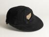 Harry Butler Cave. Wellington, Central Districts and New Zealand 1945 to 1959. New Zealand black cloth Test cap, by Ballantyres of Timaru, Wellington, with embroidered &lsquo;silver fern&rsquo; emblem of New Zealand to cap. Name to label &lsquo;H.B. Cave&rsquo;. Some wear to the