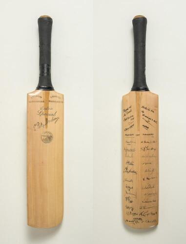 Middlesex v Yorkshire 1937. &lsquo;Extra Special E. Patsy Hendren&rsquo; miniature replica bat by G. Warsop & Sons, Marylebone, with maker&rsquo;s name to shoulders and trademark cannon emblem stamp to face below the splice. Maker&rsquo;s name to bat rubber and top of handle. Th