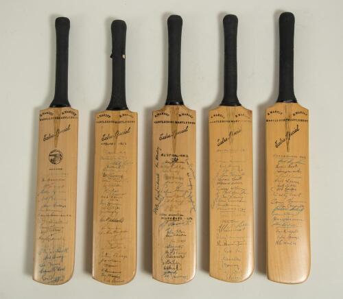 Australia tours to England 1948-1965. Five miniature replica &lsquo;Extra Special&rsquo; bats by G. Warsop & Sons, Marylebone, covering the Test matches played, mainly at Lords (one exception). The 1948 bat with trademark cannon emblem stamp to face below the splice.