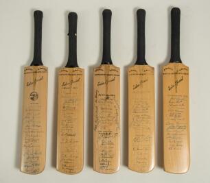 Australia tours to England 1948-1965. Five miniature replica &lsquo;Extra Special&rsquo; bats by G. Warsop & Sons, Marylebone, covering the Test matches played, mainly at Lords (one exception). The 1948 bat with trademark cannon emblem stamp to face below the splice.