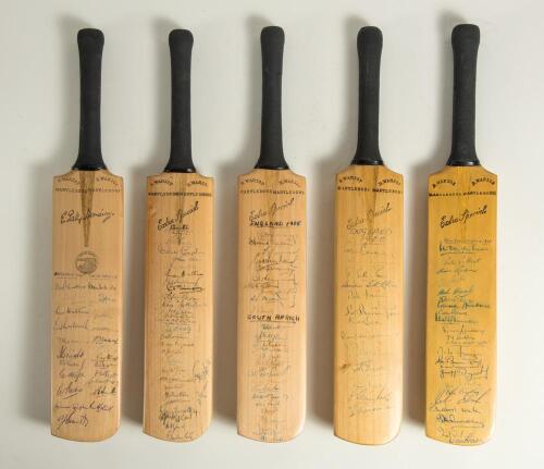 South Africa tours to England 1947-1965. Five miniature replica bats by G. Warsop & Sons, Marylebone, covering the Test matches played, mainly at Lord&rsquo;s. The 1947 bat stamped &lsquo;E. Patsy Hendren&rsquo; with trademark cannon emblem stamp to face below the splice, 