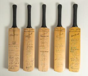 South Africa tours to England 1947-1965. Five miniature replica bats by G. Warsop & Sons, Marylebone, covering the Test matches played, mainly at Lord&rsquo;s. The 1947 bat stamped &lsquo;E. Patsy Hendren&rsquo; with trademark cannon emblem stamp to face below the splice, 