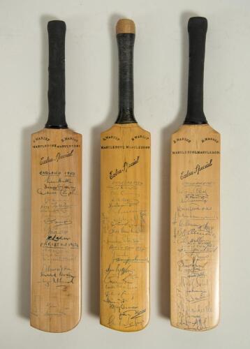 Pakistan tours to England 1954, 1962 and 1967. Three miniature replica &lsquo;Extra Special&rsquo; bats by G. Warsop & Sons, Marylebone, covering Test matches played at Lords. All three bats with maker&rsquo;s names to shoulders, two with &lsquo;Warsop&rsquo; stamped to the top of the