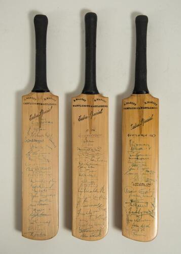 Gentlemen v Players 1949, 1956 and 1957. Three miniature replica &lsquo;Extra Special&rsquo; bats by G. Warsop & Sons, Marylebone, covering matches played at Lords. All three bats with maker&rsquo;s names to shoulders, &lsquo;Warsop&rsquo; stamped to the top of the handle, each of whi