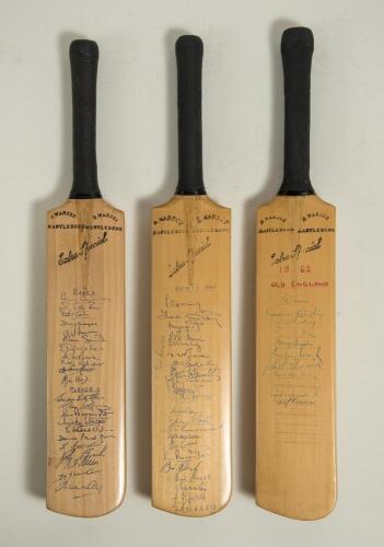 Gentlemen v Players 1960 and 1961. Three miniature replica &lsquo;Extra Special&rsquo; bats by G. Warsop & Sons, Marylebone, two covering Gentlemen v Players matches played at Lords, and one for &lsquo;Old England 1962&rsquo;. All three bats with maker&rsquo;s names to shoulders, two 