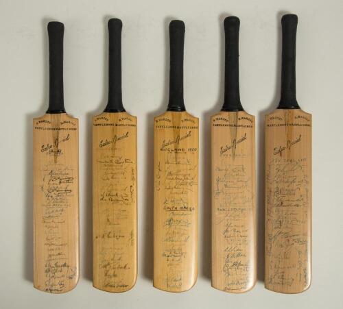 South Africa and New Zealand tours to England 1951-1958. Five miniature replica &lsquo;Extra Special&rsquo; bats by G. Warsop & Sons, Marylebone. Three cover South Africa tours to England 1951 and 1955, and two from the New Zealand tour of 1958. All five bats with ma