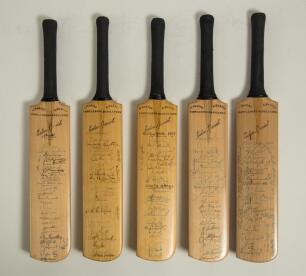 South Africa and New Zealand tours to England 1951-1958. Five miniature replica &lsquo;Extra Special&rsquo; bats by G. Warsop & Sons, Marylebone. Three cover South Africa tours to England 1951 and 1955, and two from the New Zealand tour of 1958. All five bats with ma