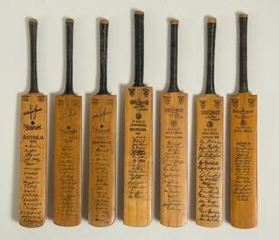 Australia tours to England 1938-1961. Seven miniature cricket bats with printed signatures of Australian touring parties. Bats include three Gunn & Moore &lsquo;William Gunn Autograph&rsquo; bats for the 1938, 1948 & 1953 tours, three Gray Nicholls &lsquo;Keith Miller Auto