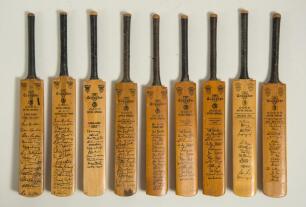 England v Australia and West Indies 1953-1968. Nine miniature Gray Nicholls &lsquo;Crusader&rsquo; cricket bats with printed signatures of England and M.C.C. touring teams. Includes four for Ashes series against Australia, 1953 1st Test, and the tours to Australia of