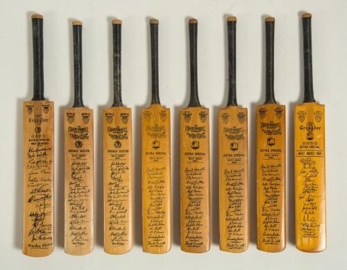 West Indies tours to England 1950-1966. Eight miniature Gray Nicholls cricket bats with printed signatures of West Indies touring teams. Includes two &lsquo;Crusader&rsquo; bats, one for the 1950 tour, the other 1966. Also six &lsquo;Frank Worrell Autograph&rsquo; bats for the t