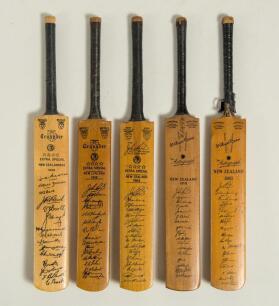 New Zealand tours to England 1949-1965. Five miniature cricket bats with printed signatures of New Zealand touring teams to England. Includes three Gray Nicholls bats, two &lsquo;Crusader&rsquo; for 1949 and 1958 tours, and a &lsquo;John Reid Autograph&rsquo; for the 1965 tour. 