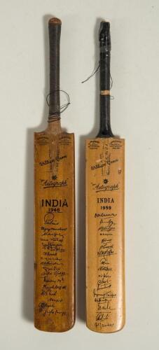 India tours to England 1946 and 1959. Two Gunn & Moore &lsquo;William Gunn Autograph&rsquo; miniature cricket bats with printed signatures of India touring teams for the 1946 and 1959 tours. Each measures approx. 11.5&rdquo;. Tape repair to the handle of the 1959 bat, othe