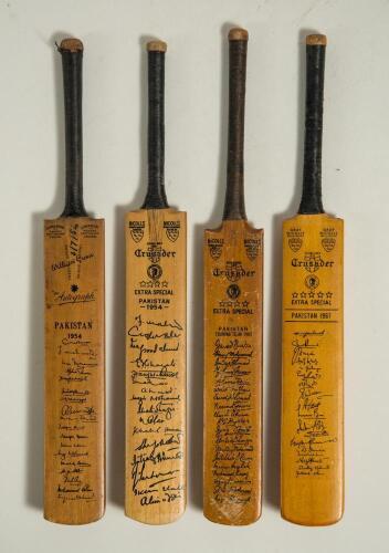 Pakistan tours to England 1954-1967. Four miniature cricket bats with printed signatures of Pakistan touring teams to England. Includes three Gray Nicholls &lsquo;Crusader&rsquo; bats for the 1954, 1962 and 1967 tours, and a Gunn & Moore &lsquo;Autograph&rsquo; bat for the 1954 