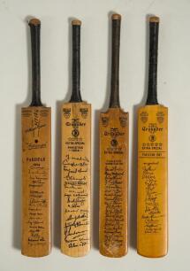 Pakistan tours to England 1954-1967. Four miniature cricket bats with printed signatures of Pakistan touring teams to England. Includes three Gray Nicholls &lsquo;Crusader&rsquo; bats for the 1954, 1962 and 1967 tours, and a Gunn & Moore &lsquo;Autograph&rsquo; bat for the 1954 