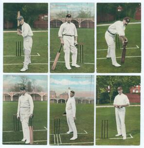 Australia Test cricketers early 1900s. Six Valentine&rsquo;s Series colour postcards, each depicting a player wearing cricket attire in various poses at the wicket, with printed name to front. Players are V. Trumper, C. Hill, J. Darling, M.A. Noble, W. Armstron