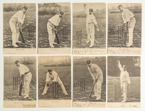 Australian Test cricketers early 1900s. Eight Wrench Series mono postcards, each depicting an Australian cricketer at the wicket in various poses. Players are Clem Hill (series no. 1392), J. Darling (no. 1393), W.P. Howell (no. 1394), M.A. Noble (no. 1395