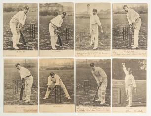 Australian Test cricketers early 1900s. Eight Wrench Series mono postcards, each depicting an Australian cricketer at the wicket in various poses. Players are Clem Hill (series no. 1392), J. Darling (no. 1393), W.P. Howell (no. 1394), M.A. Noble (no. 1395