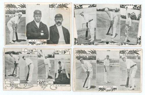 The Ashes. Australia v England 1903/04. Four Star Series mono postcards featuring members of the Australian team. Cards feature Noble, Hill & Darling, Gregory, Armstrong & McLeod, Trumper, Duff, Howell & Kelly, and Hopkins, Cotter & Gehrs. Two postally us