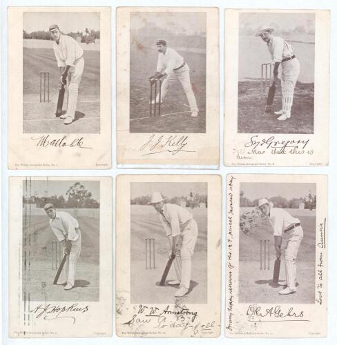 Australia c.1904. Six sepia tinted printed postcards from a set of twelve featuring Australian Test cricketers. &lsquo;The Wilson Autograph Series&rsquo; c.1904/05 each with printed signature of the player to lower border. Cards are Noble (Series no. 1), Kelly (4), G