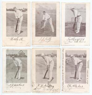 Australia c.1904. Six sepia tinted printed postcards from a set of twelve featuring Australian Test cricketers. &lsquo;The Wilson Autograph Series&rsquo; c.1904/05 each with printed signature of the player to lower border. Cards are Noble (Series no. 1), Kelly (4), G