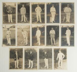 Australia tour to England 1905. Fourteen original sepia real photograph postcards from a set of sixteen produced of the Australian cricketers and team who toured England in 1905. Each player is depicted standing full length in cricket attire, some in blaz