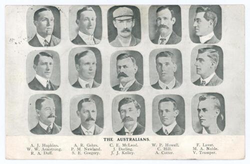 Australians tour to England 1905. Early mono postcard depicting cameo images of the fifteen members of the Australian touring party, with printed title &lsquo;The Australians&rsquo; and players&rsquo; names to lower margin. Publisher unknown, but appears to be a scarcer va