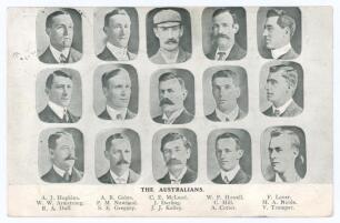 Australians tour to England 1905. Early mono postcard depicting cameo images of the fifteen members of the Australian touring party, with printed title &lsquo;The Australians&rsquo; and players&rsquo; names to lower margin. Publisher unknown, but appears to be a scarcer va
