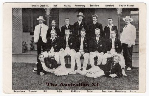 &lsquo;The Australia XI&rsquo; 1907/08. Scarce printed mono postcard of the Australian team, standing and seated in rows, wearing blazers with the umpires, Crockett and Hannah, to either side. Printed title and players&rsquo; names to top and lower borders. The team and um
