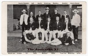 &lsquo;The Australia XI&rsquo; 1907/08. Scarce printed mono postcard of the Australian team, standing and seated in rows, wearing blazers with the umpires, Crockett and Hannah, to either side. Printed title and players&rsquo; names to top and lower borders. The team and um