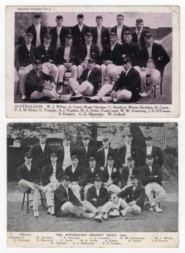 Australia tour to England 1909. Two mono printed postcards, one tinted red, both featuring the Australia tour members seated and standing in rows wearing tour caps and blazers. Printed titles and players&rsquo; names to lower borders. Players featured include N