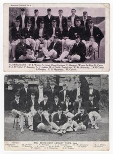 Australia tour to England 1909. Two mono printed postcards, one tinted red, both featuring the Australia tour members seated and standing in rows wearing tour caps and blazers. Printed titles and players&rsquo; names to lower borders. Players featured include N