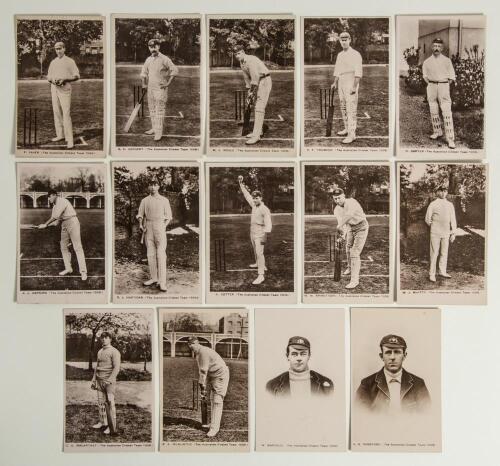 &lsquo;The Australian Cricket Team 1909&rsquo;. Fourteen sepia real photograph individual postcards of the fifteen members of the Australian cricket team who toured England in 1909, by Davidson Brothers of London. Twelve of the players are depicted standing full leng